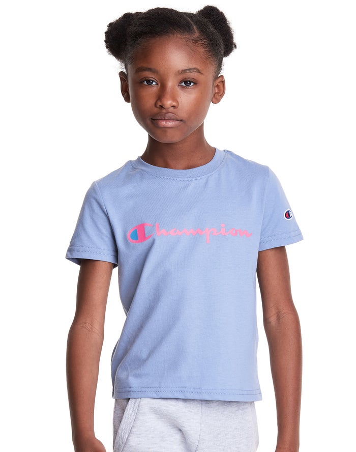 Champion Girls T-Shirt NZ - Classic Script Logo Light Blue ( 7281-QIGZB )